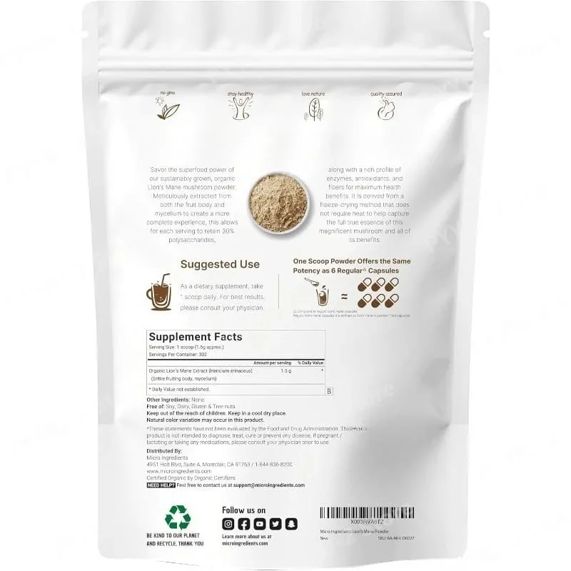 La polvere biologica di funghi criniera di leone sostiene la concentrazione del cervello, l'energia e la salute immunitaria, ideale per frullati e caffè, 454 g per confezione