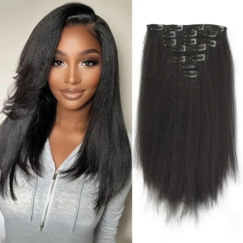 7Pcs Clip in Hair Extensions Wig Synthetic Black Yaki Straight Hair Extensions with BB Clip Fluffy Hairpiece for Women Daily Use