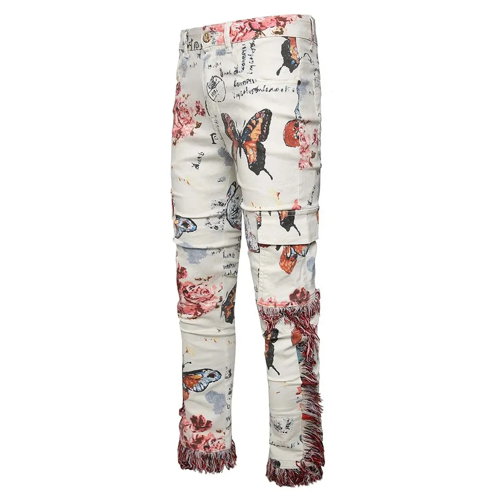 Men Butterfly Print Denim Jeans Flower Pattern White Stretch Cotton Slim Pants Tassels Multi Pockets Cargo Trousers Good Quality