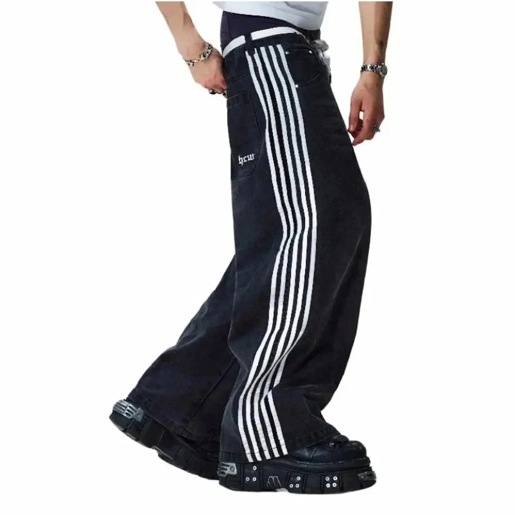 Y2K Striped Baggy Jeans Unisex Wide Leg Denim Pants Hip Hop Streetwear Casual High Quality Embroidered Jeans For Men Women