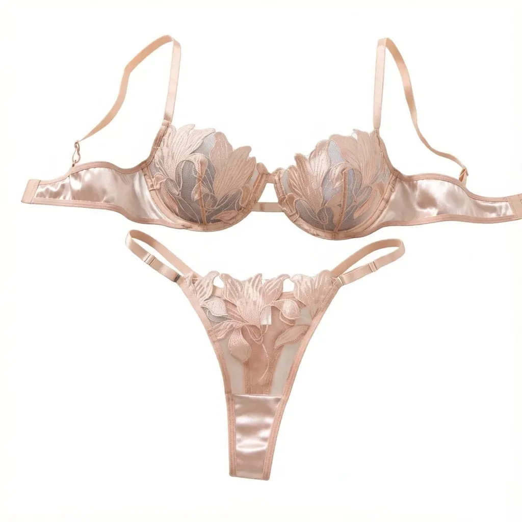 champagne Floral Embroidery Lingerie Set Satin Mesh Underwire Bra Thong Women Intimate Underwear Honeymoon Boudoir ZA824031