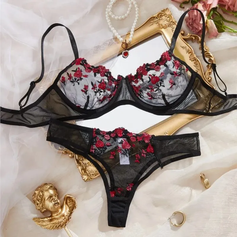 Beha Transparante Dame Bloemen Borduren Lingerie Set Vrouwen Pure Bh En Korte Ondergoed Set Satijnen Sexy Intimi Ondergoed