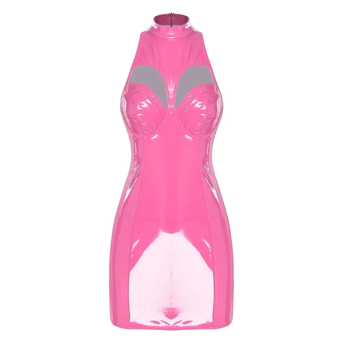 Mini abito in lattice di pelle PU effetto bagnato da donna senza maniche reggiseno push-up scavato abito aderente abito tubolare effetto bagnato Raves Clubwear