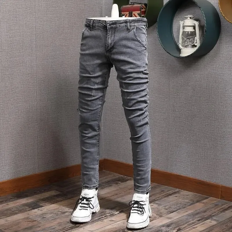 Fashion Designer Men Jeans Retro Gray Stretch Slim Ripped Jeans Panlalaking Elastic Pantalon Vintage Casual Denim Pencil Pantalon Hombre — image 11