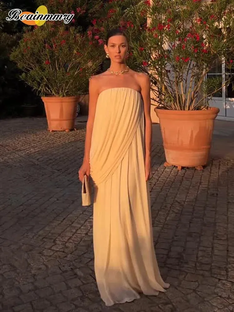 Sexy Pleated Strapless Maxi Dress Women Chic Solid Sleeveless Backless Loose Long Dresses 2026 Summer Lady Vacation Beach Outfit