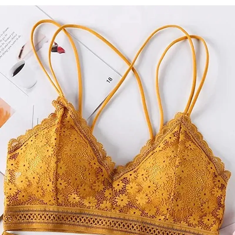 Women's Lace Lingerie Set Cross Shoulder Strap Without Steel Ring Bra Comfortable Support Underwear With Gathering Design