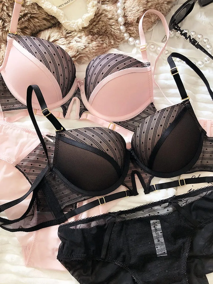 Sexy Hollow Underwear Set for Women 3/4 Cup Push Up Bra Lace Splicing Color Brassiere and Panties Ladies Intimates Lingerie