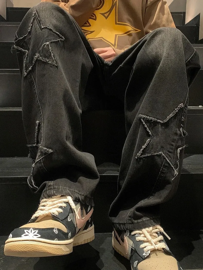 Men's Black Faded Baggy Wide Leg Jeans Raw Edge Star Patch Detail Hip Hop Street Style Casual Daily Going Out Loose Fit Denim Trousers