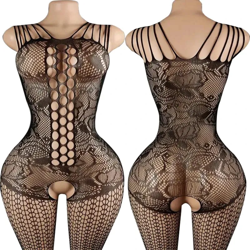 Black Fishnet Off-Shoulder Open-Crotch Bodystocking Lingerie Set Sexy Crotchless Teddy Bra Women's Erotic Underwear 2026
