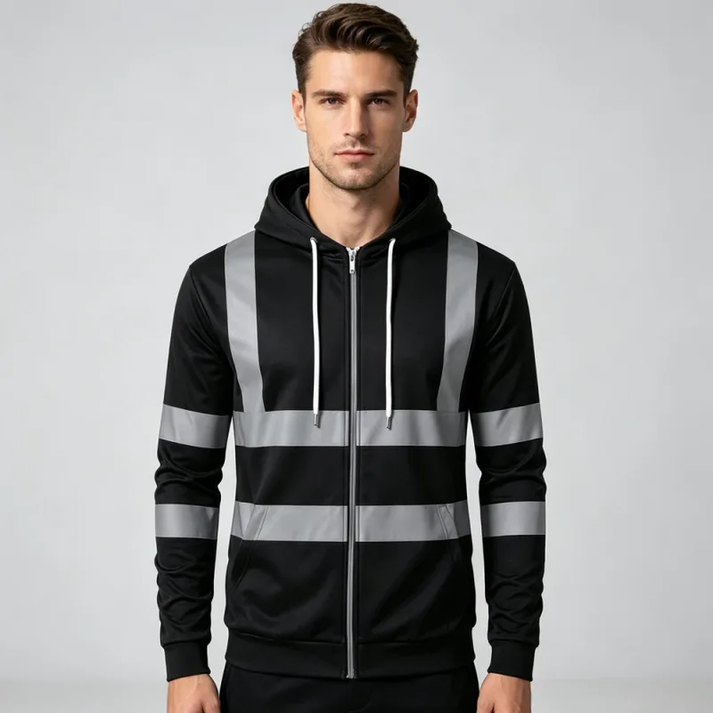 Autumn Fashion Men Drawstring Hooded Top 3D Printed Stripe Full Zip Sweatshirt Outdoor Casual Safety Work Outerwear Hoodie