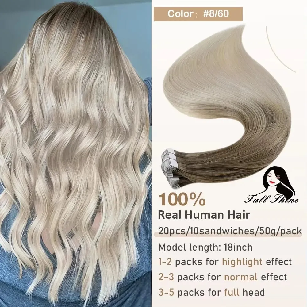 Full Shine Tape in Hair Extensions 20Pcs Skin Weft Remy Straight Hair Glue on Brazilian Hair for Women