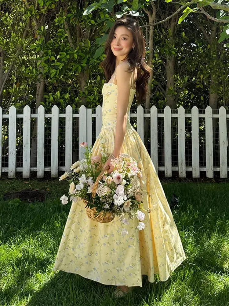 Floral Print Spaghetti Strap Maxi Dress Square Neck Corset Waist A-Line Elegant Dresses Casual 2026 Summer Vacation Chic Outfit