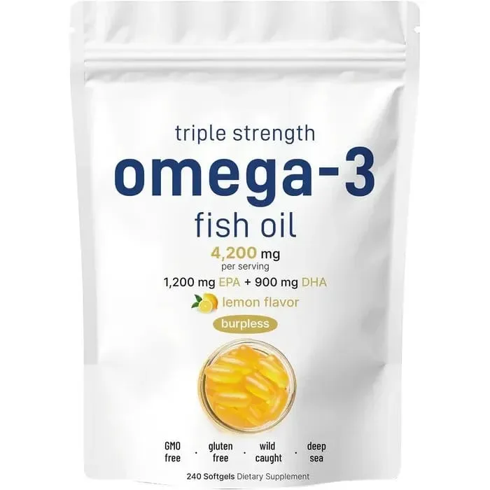 Triple Strength Omega 3 Fish Oil Supplements 4200mg Per Serving 120 Softgels Lemon Flavored Burpless EPA