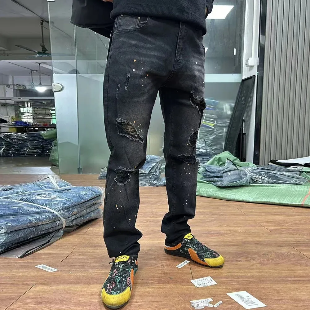 Men Holes Ripped Denim Jeans Streetwear Slim Tapered Stretch Pants Painted Black Trousers