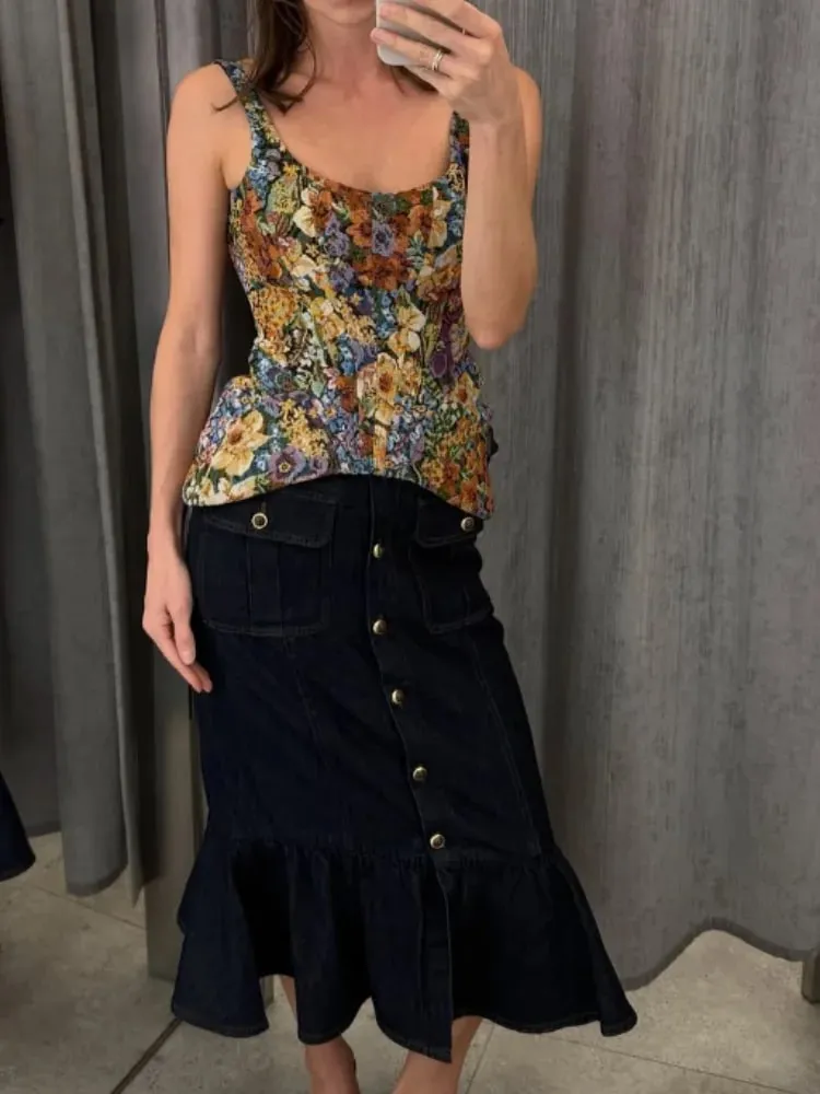 Vintage Floral Off-shoulder Corset Cami Top Women Square Neck Peplum Sleeveless Slim Fit Tank Blouse New Summer Vacation Outfits