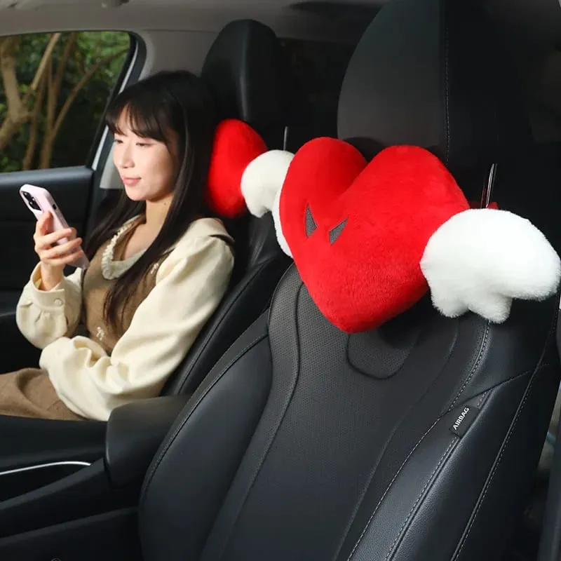 28x58cm 2Pcs Cute Heart‑Shaped Car Headrest Pillow With Angel Wings Soft Plush Auto Neck Support Cushion Car Seat Head Pillow