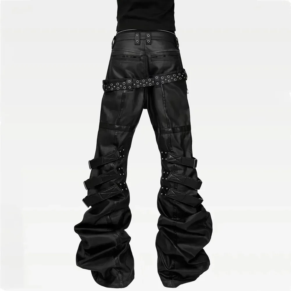 Men Women Wax Coated Skinny Stacked Jeans Double Waist Strap Buckle Patchwork Leather Gothic Punk Flared Curved Denim Pants