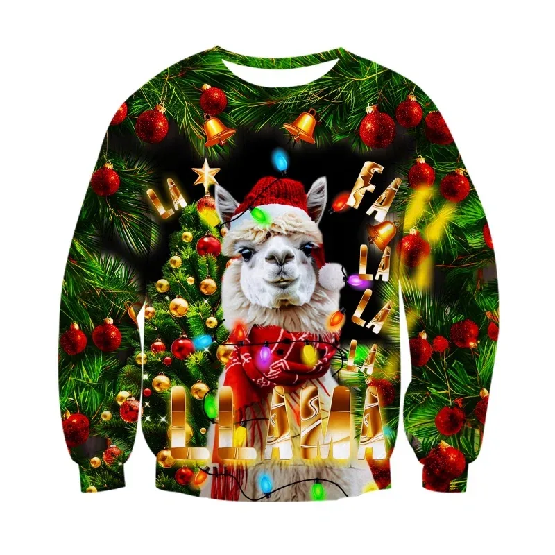 3D Printed Christmas Decoration Sweatshirt For Men Women Alpaca Dog Pattern Pullovers Casual Loose Round Neck Long Sleeve Hoodie