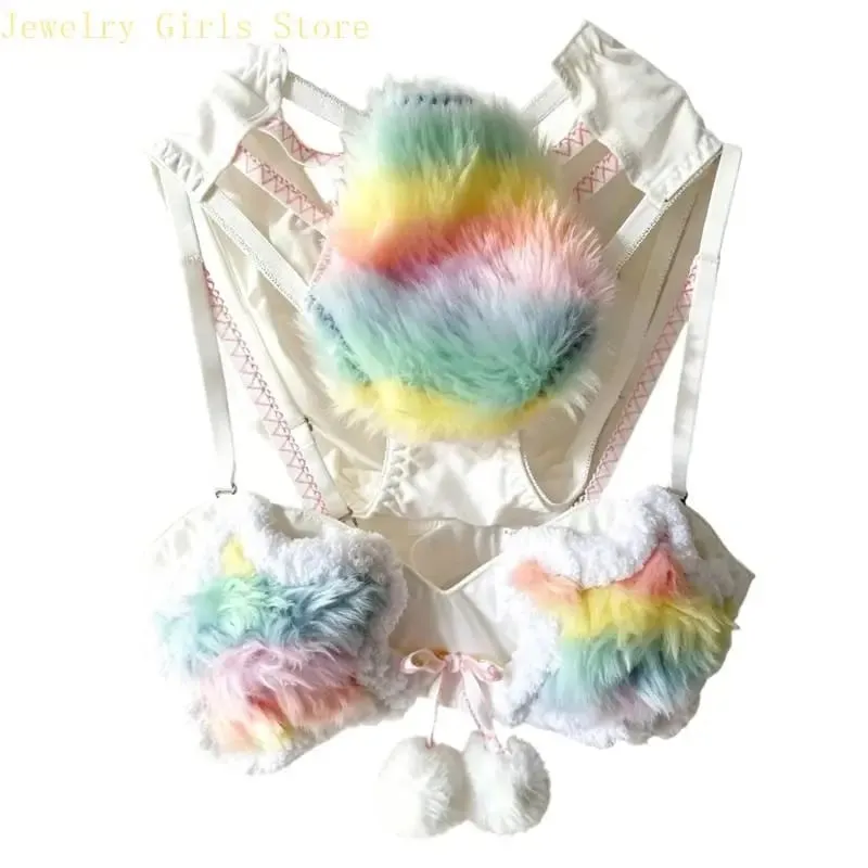 Estetická sada plyšové podprsenky a kalhotek Rainbow Star pro ženy Podprsenka Spodní prádlo Chlupaté spodní prádlo Anime Cosplay Outfit 2 kusy