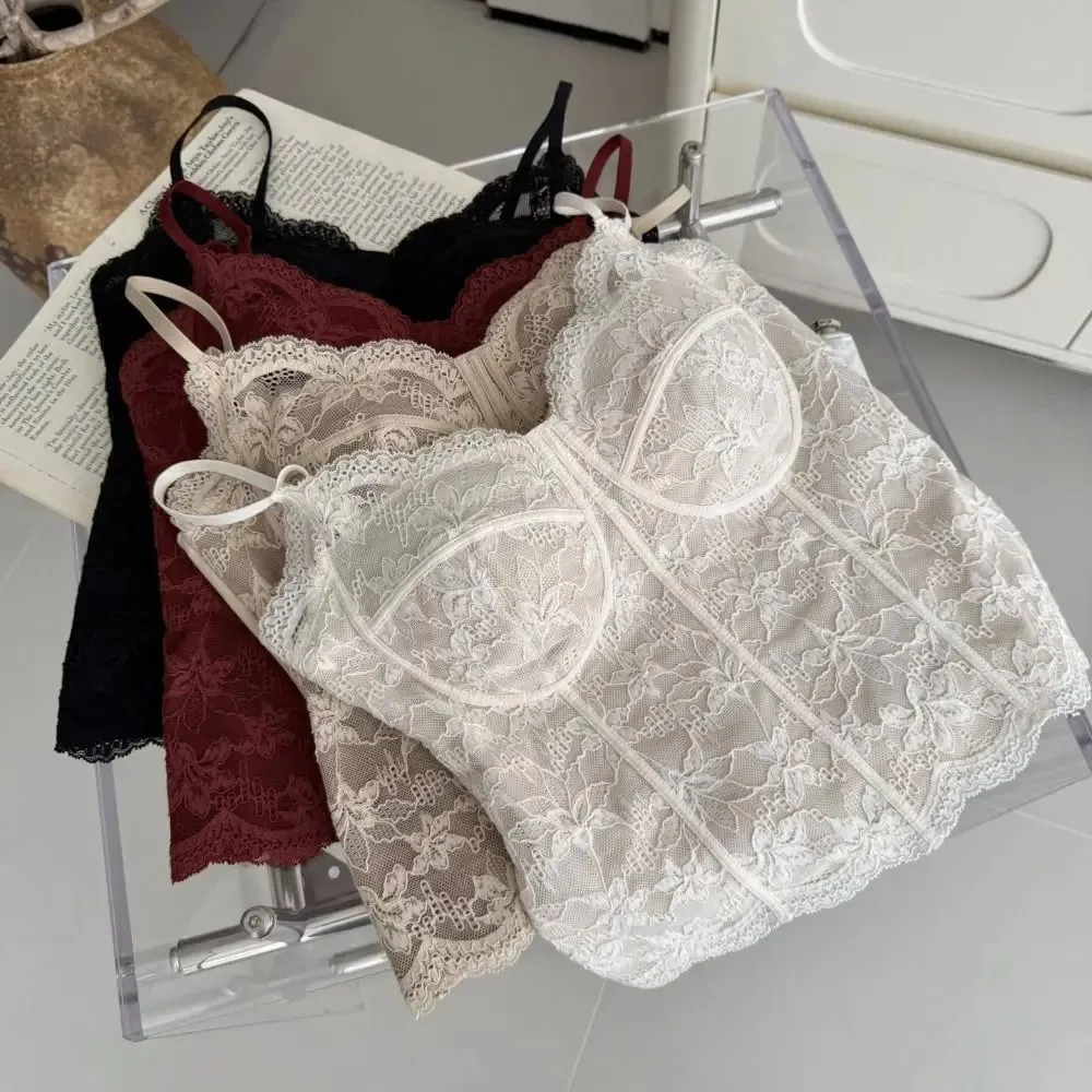 Elegant Fleece-lined Women Winter Camisole Retro Lace Floral Sleeveless Tank Tops with Chest Pad Slim Camis Crop Tops Women Girl