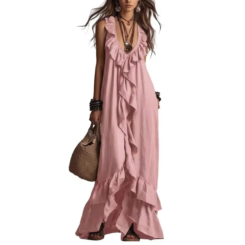 Boho Deep V Neck Sleeveless Dress Women Ruffle Swing Maxi Dress Summer Loose Solid Color Long Dresses