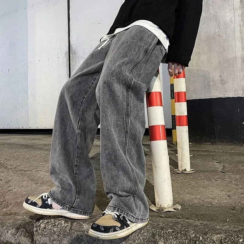 2026 New Streetwear Loose Jeans Men Korean Style Fashion Loose Straight Wide Leg Pants Men's Brand Clothing Black Light Blue