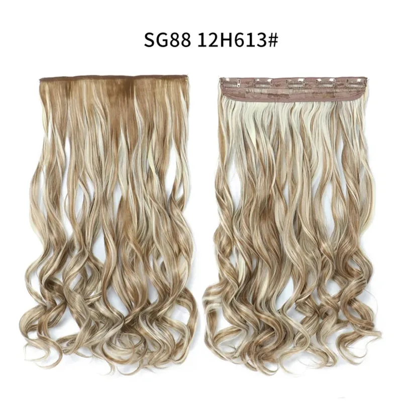 Longo reto encaracolado uma peça 5 clipes clip-in extensões 22 Polegada penteados resistentes ao calor cor mistura loira pedaço de cabelo para mulher
