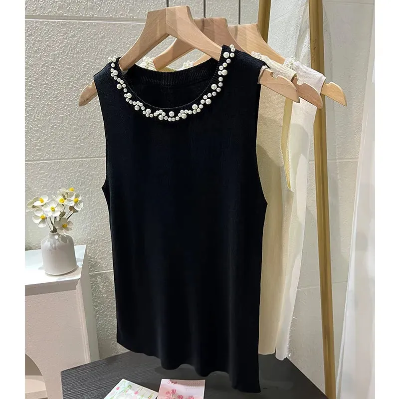 White Women Camisole 2026 New Summer Slim Thin Ice Silk Knit Vest Trendy Beaded Decor O-Neck Sleeveless Tank Top