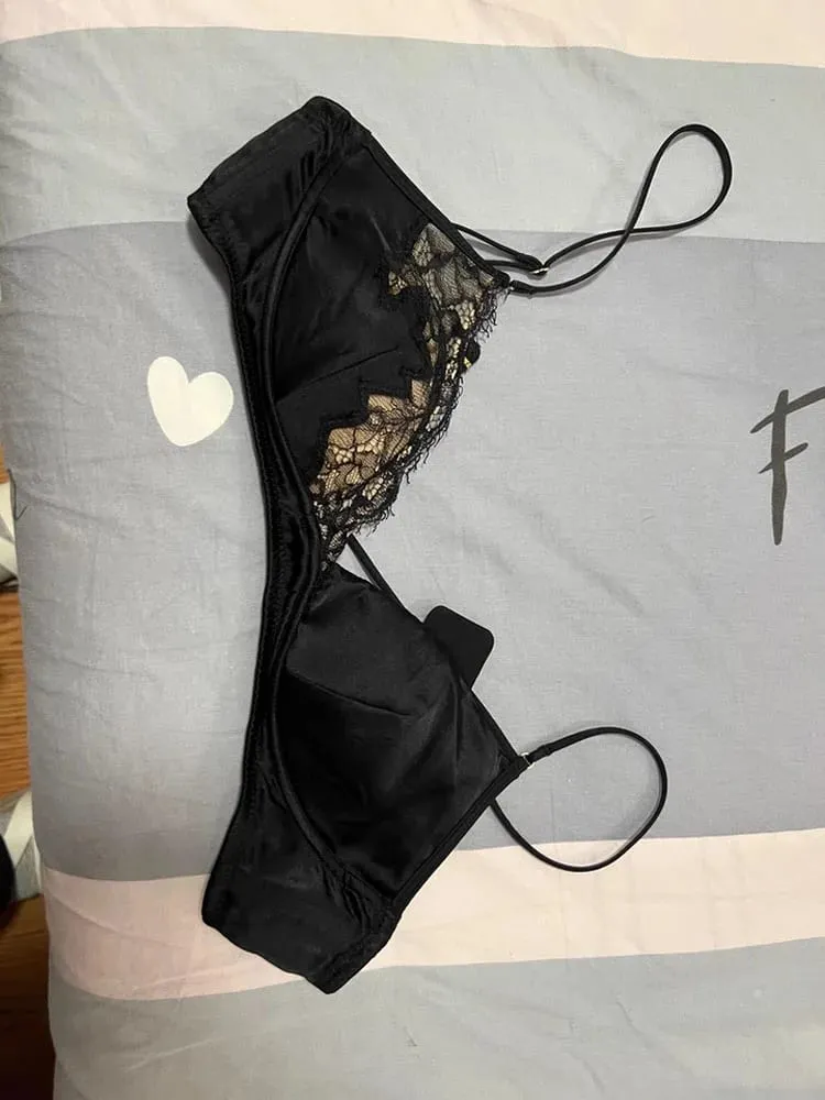 French Style Lace Bra Bralette Small Breasts No Underwire Triangle Cup Thin Strap Sexy Push Up Lingerie Set Women's Underwear