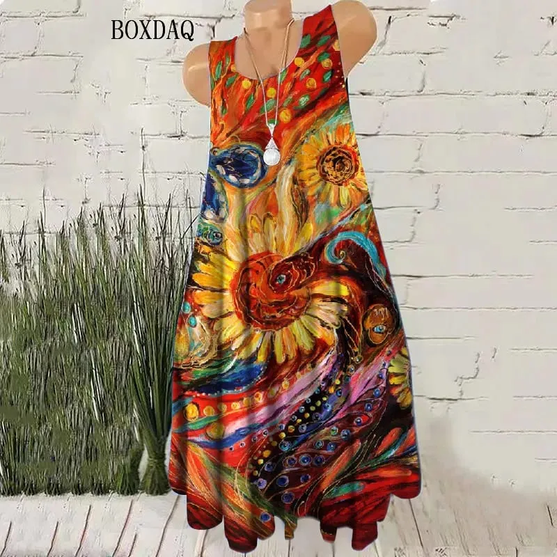 Gradient Kvinnor Vintage Korta Klänningar Ärmlös sommar 3D Tie-dye Street Style Kvinnlig Klänning Lös Casual O-Neck Mini Klänning