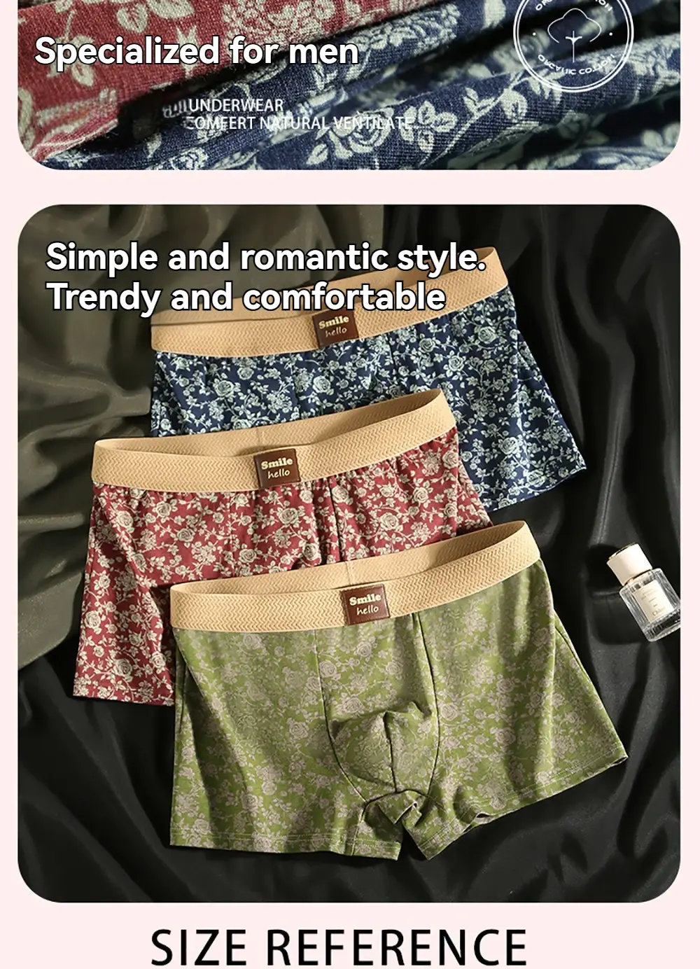 3PCS/Pack Romantic Rose Print Men's Panties Cotton Soft Comfortable Breathable Boxer Homme 3D Large Space Pouch Men Underwear