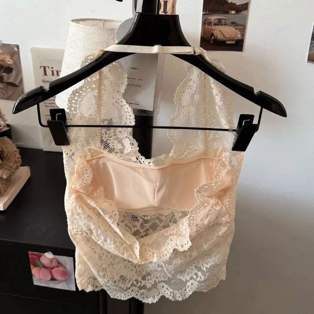 Chest Cushion Top Mesh Flower Lace Camisole Sleeveless Transparent Lace Crop Tops Bottoming Shirt Halter Neck Camisole Ladies