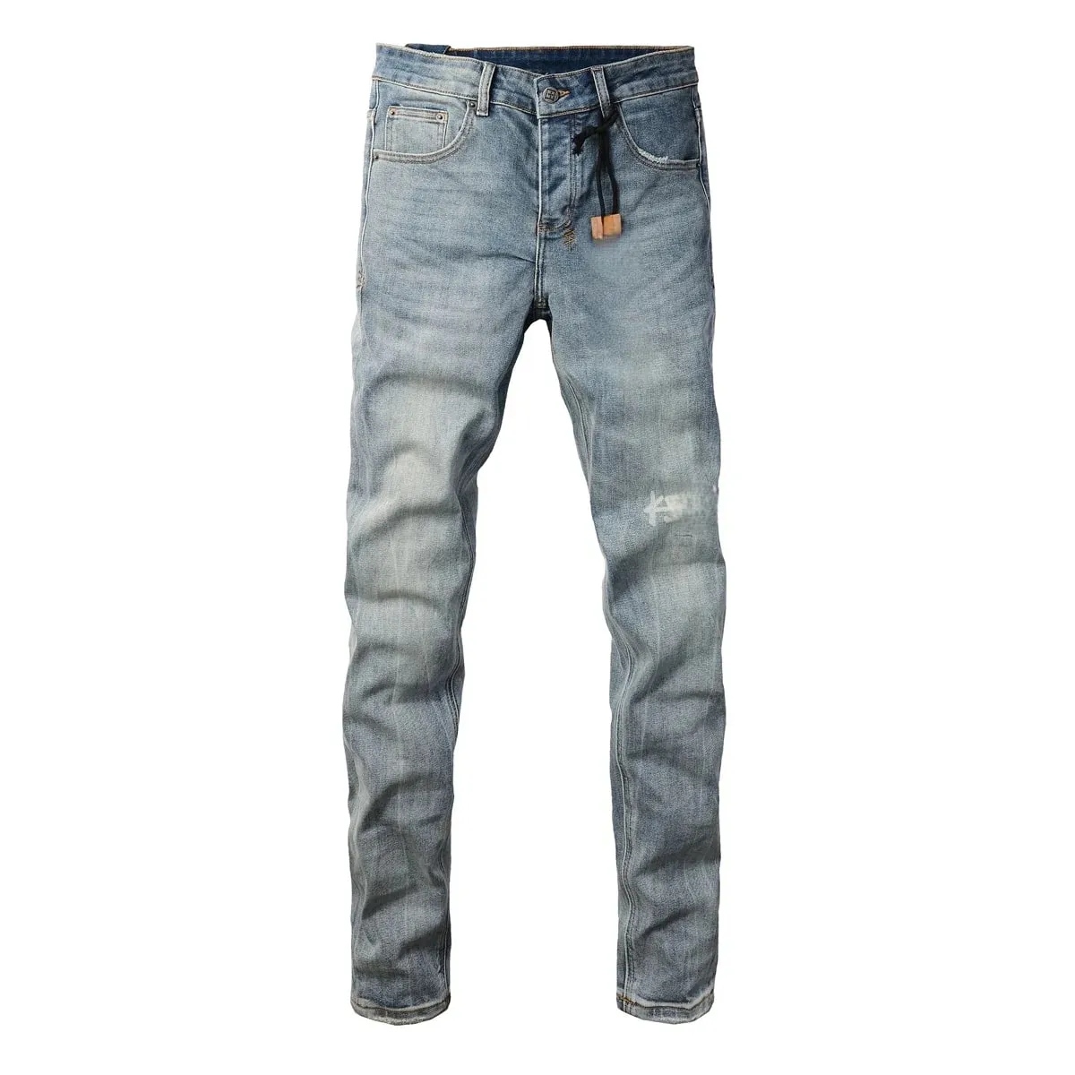 Men's High Street Light Blue Washed Distressed Denim Jeans With Embroidered Letter Motif Button Fly Suitable For All‑Season Wear