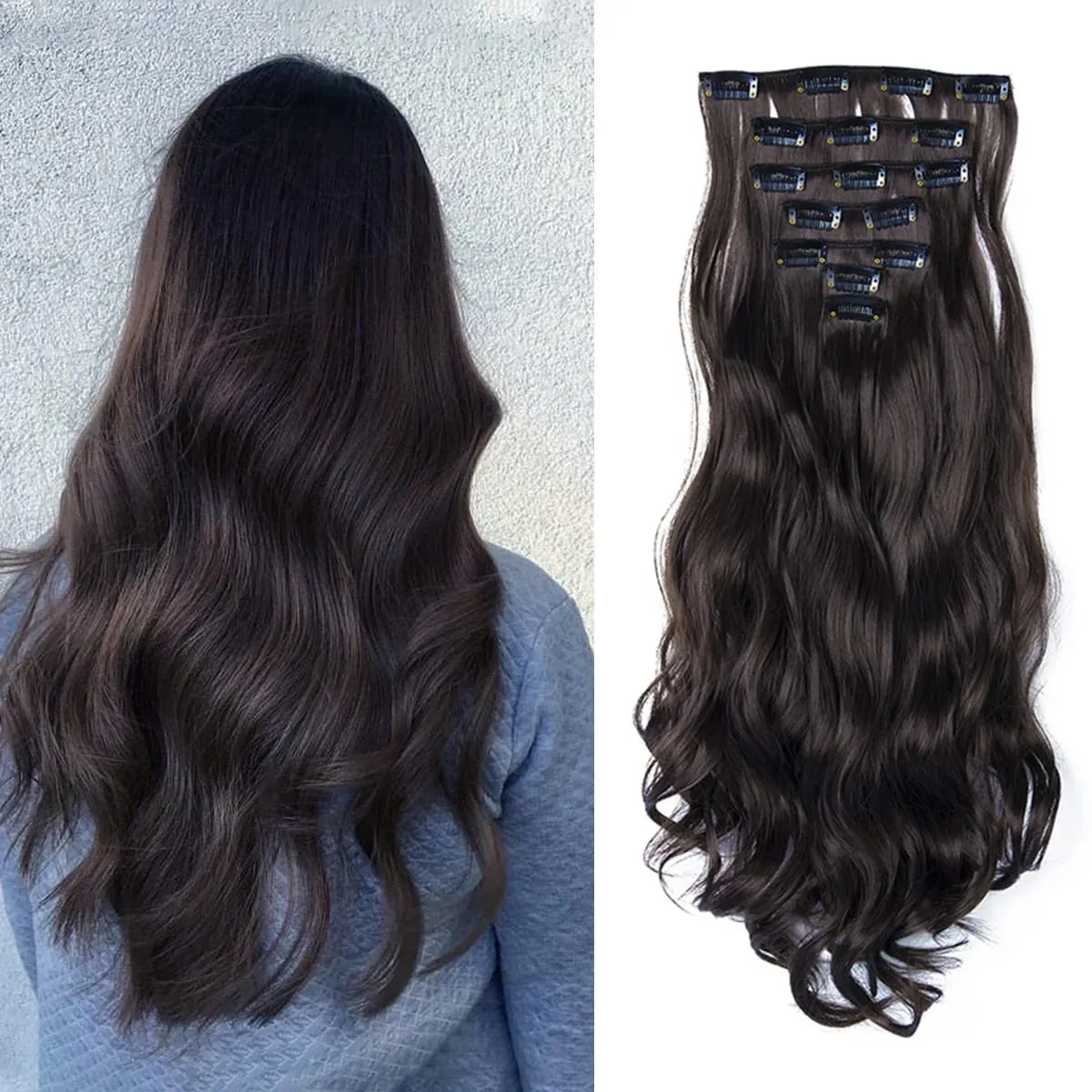 Synthetic 24Inch 16Clips Long Curly Hair Extension Heat Resistant Hair Extension Clips In Ombre Black Brown Blond Women