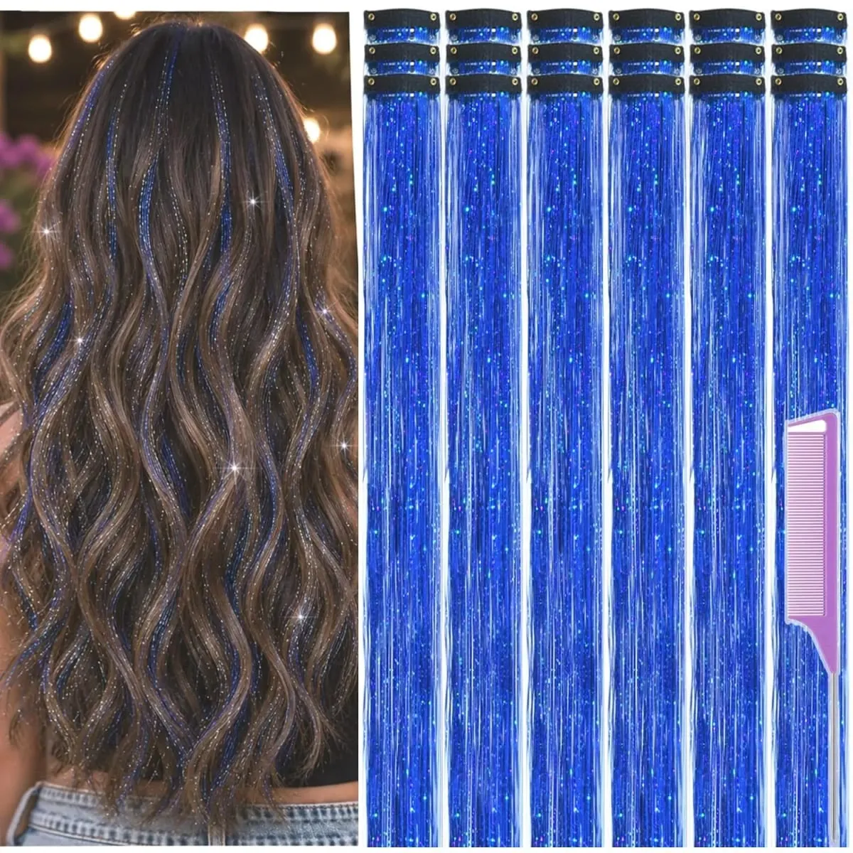 Balení 18 ks Nápadné doplňky do vlasů Rainbow Hair Tinsel Clip in Balíček 22palcových třpytivých pohádkových vlasů pro ženy, dívky