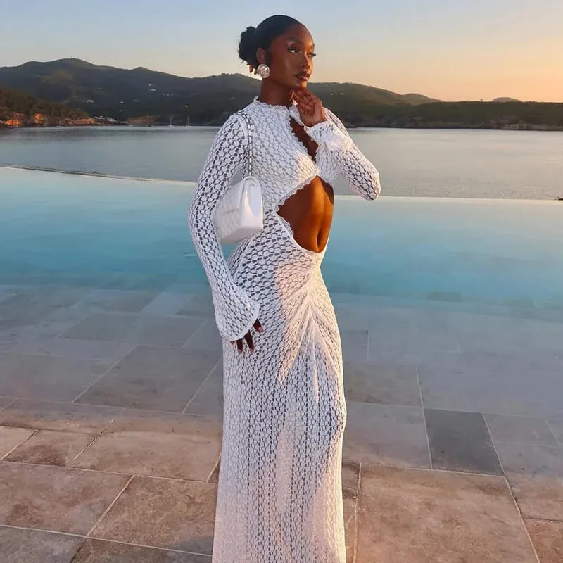Sexy Hollow Out Women Long Dress Beach Long Flare Sleeve Waist-cinching O-neck Female Dresses 2026 Summer Elegant Lady Robe