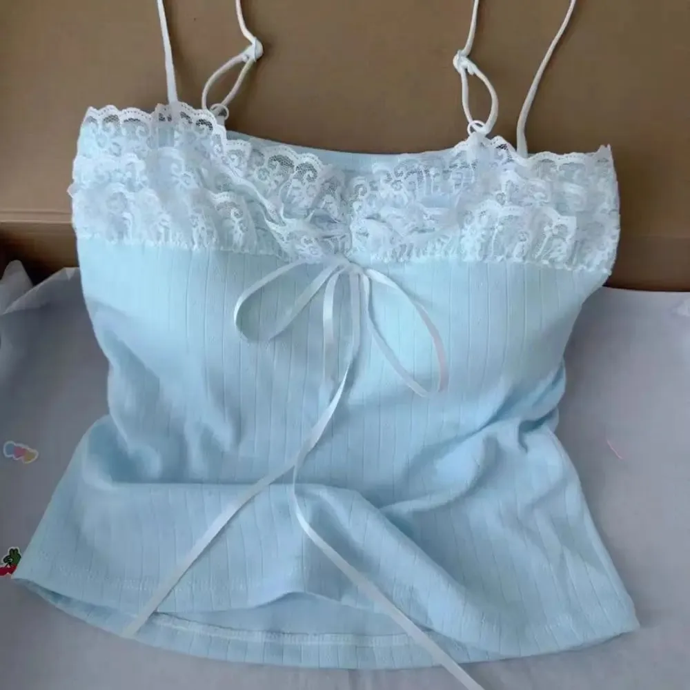 Korean Style Bow Slim Lace Crop Top Sweet Summer Girl's Vest Top Bottoming Shirt Spice Girls Style Camisole with Pads Lady