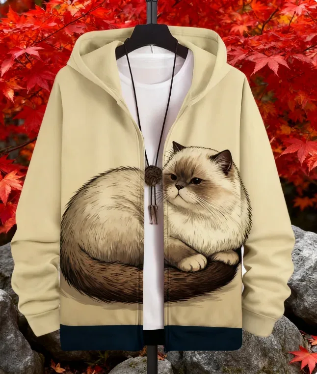 Sudadera con estampado de gato y Animal para hombre, chándal con estampado 3D de cremallera, Sudadera con capucha de manga larga a la moda, ropa Y2K