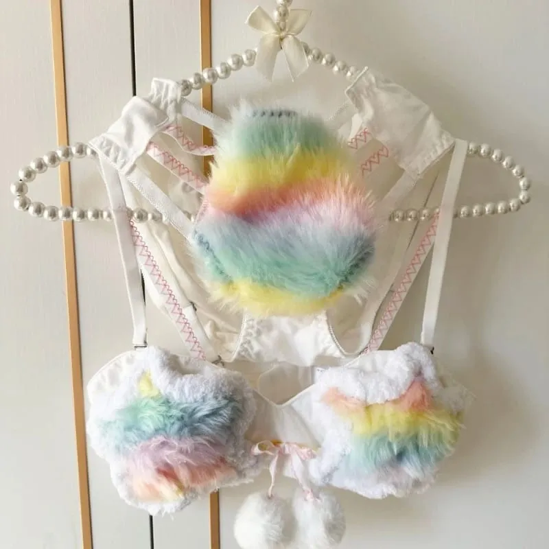 Womens Plush Rainbow Star 2 Piece Bra and Panty Set without Underwire Furry Lingerie Underwear for Cosplay or D0UB