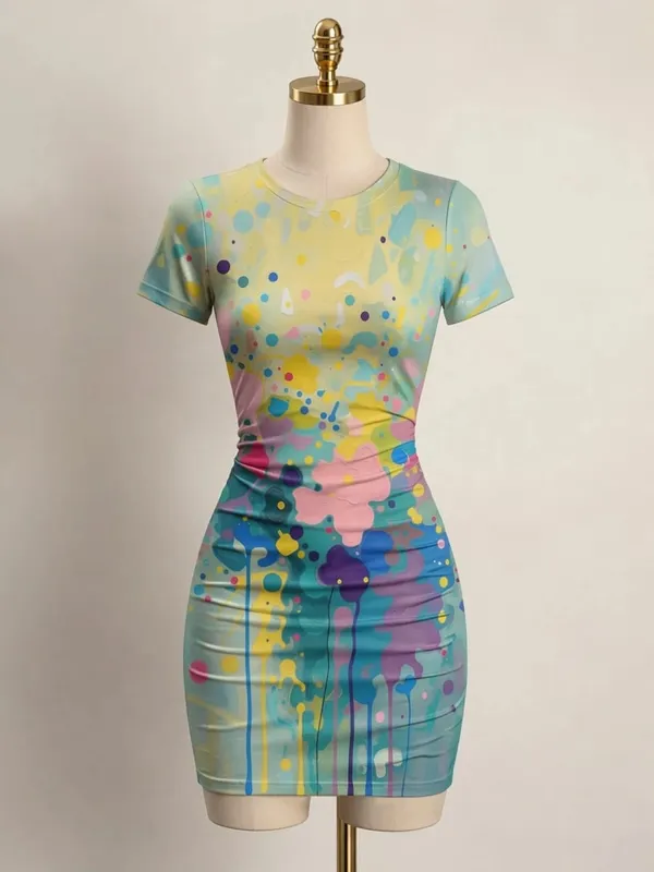 Womens Short Sleeve Bodycon Mini Dress Slim Fit Crew Neck Floral Print Casual Summer Party Cute Elegant Summer Vacation Sundress
