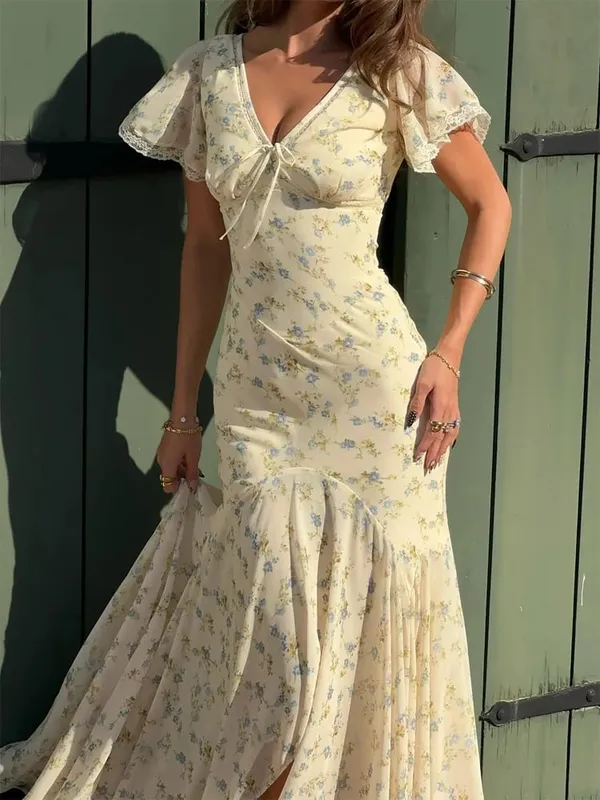 Chic Satin Lace Trim Midi Dress For Women Solid Patchwork Short Sleeve V-neck Summer Dresses 2026 Elegant Summer Holiday Gown