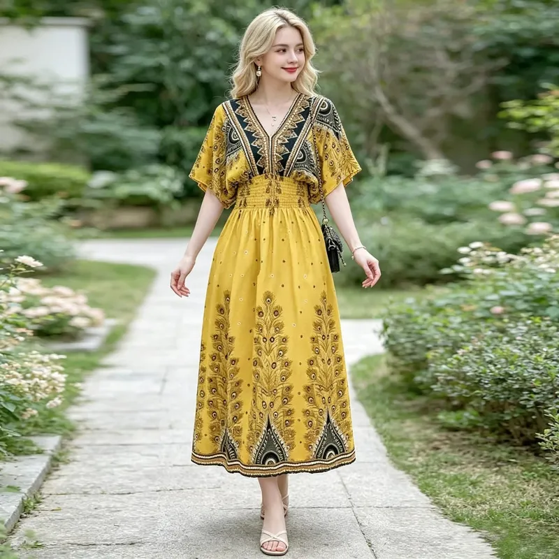Boho Holiday Women V-Neck Batswing Short Sleeve A-Line Midi Dresses Slim Elastic Waist Casual Vintage Office Lady Elegance Dress