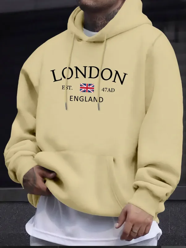 London Fashion Print Hoodies For Men Casual Autumn Winter Casual Sweatshirt Kangaroo Pocket Long Sleeve Autumn/Winter Simple