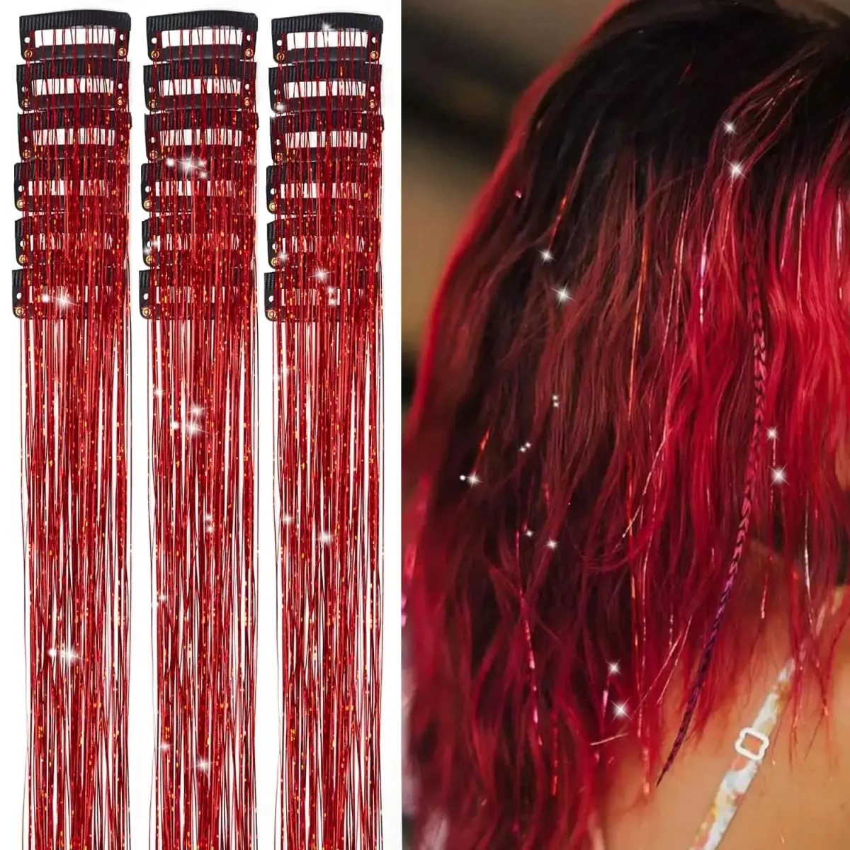 Sambungan Rambut Tinsel Berkilauan 20 Inci dengan Klip Dalam 6 Keping/Set Klip Sintetik dalam Aksesori Rambut Sparkle Fairy untuk Kanak-kanak Wanita