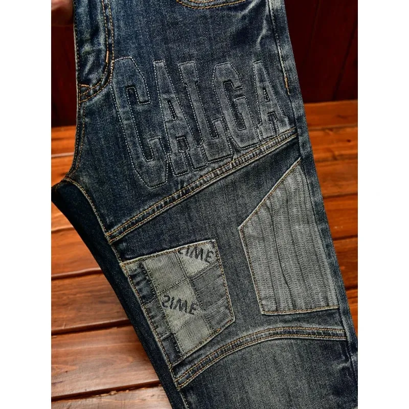 High end retro jeans for men slim fit small feet light luxury trend autumn style simple and casual long pants