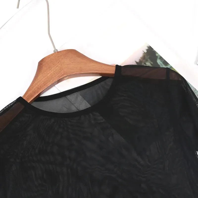 Sexy Women Long Sleeve T-shirt Casual Crew Neck See-through Slim Fit Sheer Tops Tees Y2k Club Streetwear