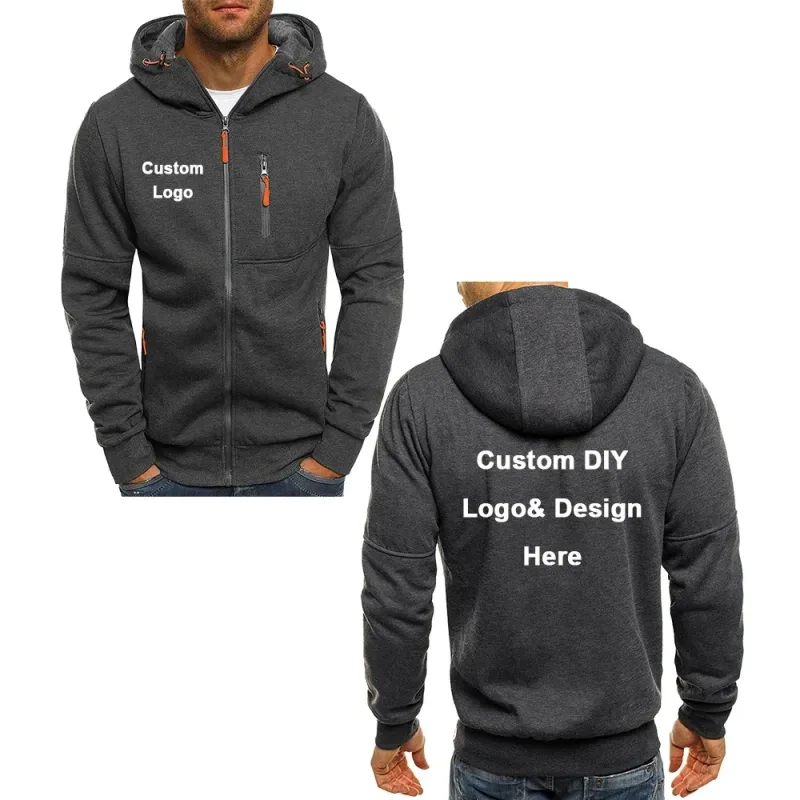 Men's hooded zipper jacket with pockets custom logo image text casual sports streetwear men's cardigan wool sweater fashion