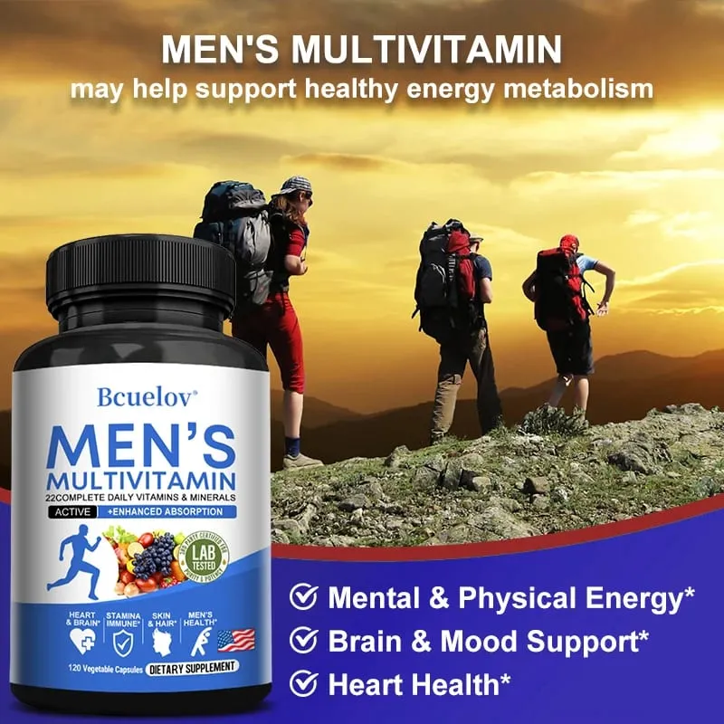 Mænds daglige multivitamin – 22 vitaminer og mineraler Vegansk kosttilskud til energiimmunitet Fordøjelse Hud og generel sundhed