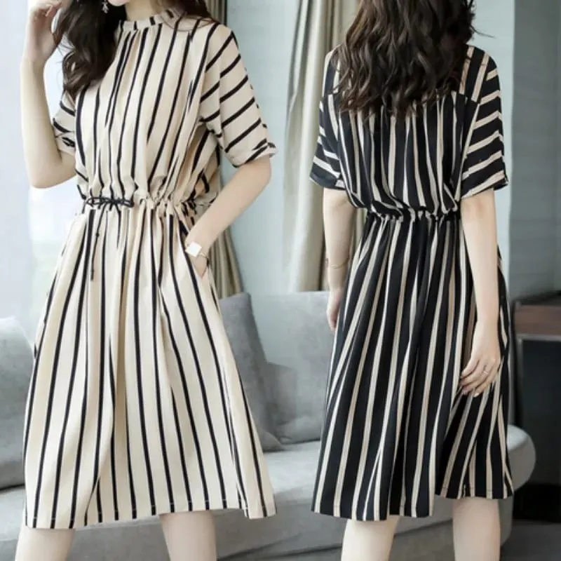 New Women Summer Vertical Stripe Print Dress Lady Waist-Fitting Mid-Length Dress Woman Loose Casual Dress Ladies Outdoor Casual