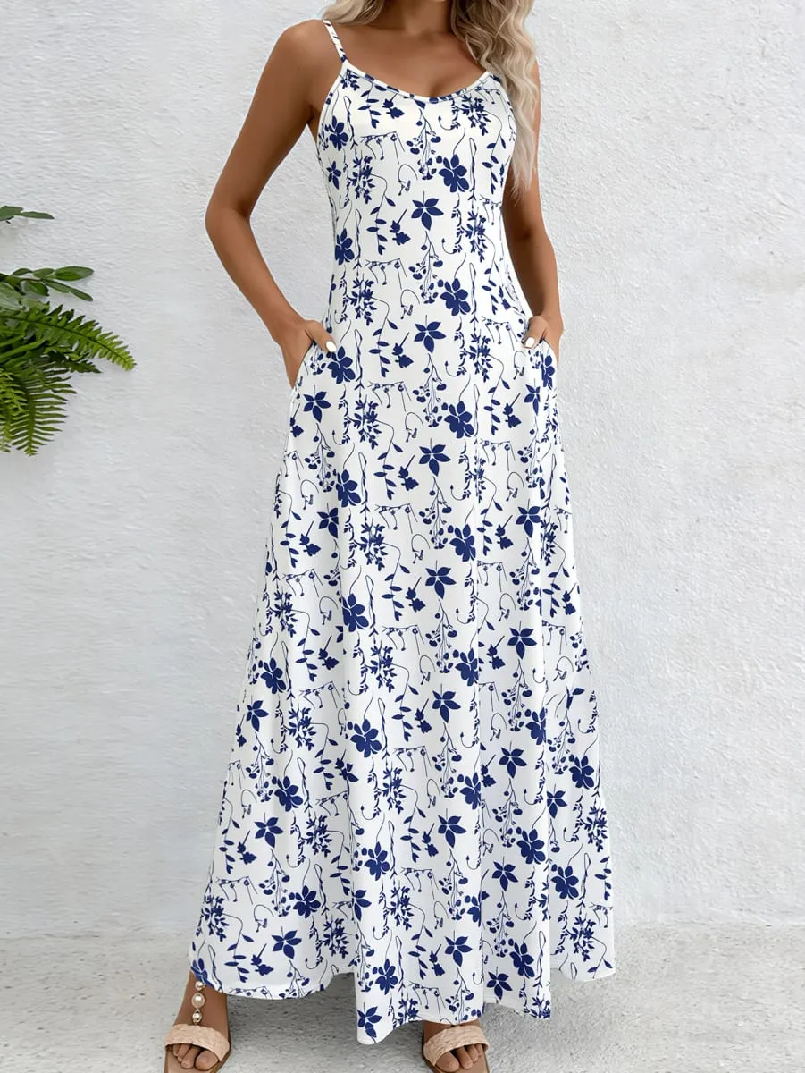 Women's Blue Floral Print Spaghetti Strap Maxi Dress Summer Casual Round Neck Flowy A-Line Sundress With Side Pockets
